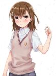  1girl brown_eyes brown_hair coin commentary_request cowboy_shot dress_shirt grey_skirt isshi_pyuma looking_at_viewer misaka_mikoto school_uniform shirt short_hair simple_background skirt smile solo sweater_vest to_aru_kagaku_no_railgun to_aru_majutsu_no_index tokiwadai_school_uniform twitter_username white_background white_shirt 