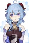  :o ahoge bare_shoulders bell blue_hair breasts cowbell cup detached_sleeves drinking_glass ganyu_(genshin_impact) genshin_impact glass gloves goat_horns highres horns long_sleeves looking_at_viewer milk open_clothes ryein upper_body violet_eyes 