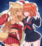  2girls ahoge animal_ear_fluff animal_ears bangs bare_shoulders bell bell_choker blonde_hair blue_shirt blue_skirt blush breasts choker dark_skin dark-skinned_female detached_sleeves fate/extra fate/extra_ccc fate/grand_order fate/grand_order_arcade fate_(series) fox_ears fox_girl fox_tail fujimaru_ritsuka_(female) fur_trim gyaru hat highres large_breasts long_hair long_sleeves looking_at_viewer medium_breasts multiple_girls neckerchief one_eye_closed one_side_up open_mouth orange_eyes orange_hair ralf red_neckwear sailor_collar santa_costume santa_hat school_uniform serafuku shirt skirt smile sparkle suzuka_gozen_(fate) suzuka_gozen_(santa)_(fate) tail tan thighs tsukumihara_academy_uniform_(fate/extra_ccc) v wide_sleeves 