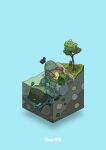  absurdres aqua_background bird boulder commentary_request diorama fish fishing fishing_rod gozz highres isometric moss original shore sitting tree 