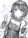  1girl bare_shoulders blush breasts coat copyright_request covered_nipples dress facial_mark gloves greyscale highres long_sleeves looking_at_viewer medium_breasts medium_hair monochrome nanashi_(nlo) open_clothes open_coat smile solo upper_body 