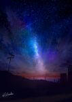  alu.m_(alpcmas) clouds dark fence grass highres horizon night night_sky no_humans ocean original road scenery shooting_star signature signpost sky star_(sky) starry_sky water 