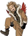  1boy arm_at_side artist_name black_gloves black_shirt blonde_hair boku_no_hero_academia boots brown_footwear brown_jacket brown_pants closed_eyes commentary covered_collarbone english_commentary facial_hair feathered_wings fur-trimmed_jacket fur_trim gloves hawks_(boku_no_hero_academia) jacket kadeart knee_up male_focus middle_finger open_mouth pants red_wings shirt shoes short_hair simple_background sitting smile solo spiky_hair upper_teeth white_background wings 