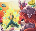  2boys armor aura biceps blonde_hair blue_sash border bracer bure_(fantasticyouth7) clenched_hand colored_skin commentary_request dougi dragon_ball dragon_ball_z earrings electricity emphasis_lines energy gloves green_eyes horns janemba jewelry looking_at_another male_focus mountain multiple_boys muscular muscular_male open_mouth orange_shirt outside_border outstretched_arms pectorals pointy_ears potara_earrings red_skin sash sharp_teeth shirt short_sleeves silhouette spiky_hair spread_arms standing super_saiyan super_saiyan_2 tail teeth tongue v-shaped_eyebrows vegetto veins white_border white_gloves yellow_eyes 
