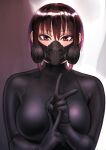  1girl black_bodysuit blush bodysuit breasts brown_eyes brown_hair gas_mask hand_gesture highres kilye_4421 latex latex_bodysuit looking_at_viewer mask mouth_mask original short_hair skin_tight solo 