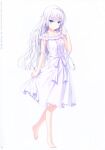  1girl absurdres bangs barefoot blue_eyes closed_mouth collarbone copyright_name dress eyebrows_visible_through_hair full_body hair_between_eyes highres long_hair na-ga naruse_shiroha page_number ribbon silver_hair simple_background sleeveless sleeveless_dress solo standing summer_pockets sundress very_long_hair white_background white_dress white_ribbon 