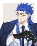  1boy alternate_costume blue_hair closed_mouth collared_shirt cu_chulainn_(fate)_(all) cu_chulainn_(fate/grand_order) earrings emya fate/grand_order fate_(series) glasses gloves interlocked_fingers jacket jacket_on_shoulders jewelry long_hair long_sleeves looking_at_viewer male_focus multiple_piercings necktie red_eyes shirt smile solo spiky_hair type-moon 