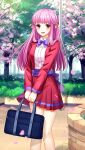  1girl :d bag bangs blurry blurry_background blush braid cherry_blossoms collared_shirt day doukyuusei doukyuusei_another_world dress_shirt french_braid game_cg hair_ribbon holding holding_bag jacket long_hair long_sleeves looking_at_viewer miniskirt official_art open_clothes open_jacket open_mouth outdoors pink_hair pleated_skirt purple_neckwear red_eyes red_jacket red_skirt ribbon sakuragi_mai school_bag shiny shiny_hair shirt skirt smile solo standing very_long_hair white_shirt wing_collar yellow_ribbon 