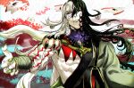  1boy ashiya_douman_(fate) asymmetrical_clothes asymmetrical_hair bell black_eyes black_hair blood blood_from_mouth curly_hair earrings fate/grand_order fate_(series) fingernails floating floating_hair floating_object flower green_eyeshadow green_kimono green_lipstick green_nails hair_bell hair_between_eyes hair_intakes hair_ornament highres japanese_clothes jewelry kimono lipstick long_hair looking_up magatama magatama_earrings makeup male_focus messy_hair multicolored_hair naki_(naki_1027) open_clothes open_kimono outstretched_arms red_flower ribbed_sleeves sharp_fingernails shikigami solo spread_arms toned toned_male two-tone_hair upper_body very_long_fingernails very_long_hair white_hair 