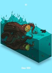  aqua_background boat clam creature day diorama dragging eel fish flying gozz hermit_crab highres isometric ocean open_mouth original pearl_(gemstone) shadow splashing sun tentacles watercraft yellow_eyes 