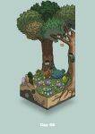  absurdres animal bird bird_nest blue_background bush chick commentary_request diorama gozz highres isometric original peeking skull tree 