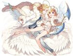  1boy 1girl angel angel_wings bare_shoulders barefoot blonde_hair blue_neckwear blush bow_(weapon) coat elbow_gloves eyebrows_visible_through_hair feathered_wings frills fur-trimmed_coat fur_trim gloves hair_between_eyes hair_ornament hairclip halo holding holding_bow_(weapon) holding_hands holding_wand holding_weapon light_blush long_hair looking_at_viewer monocle multiple_wings open_hand open_mouth original parted_lips red_eyes short_hair smile usalxlusa wand weapon white_background white_gloves wings 
