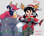  1girl :d antlers ass asta_rindo black_eyes black_hair blush_stickers bodysuit breasts capelet christmas commentary deer_tail english_commentary english_text fur-trimmed_capelet fur-trimmed_headwear fur_trim gloves grey_background grey_bodysuit hat highres large_breasts looking_at_viewer merry_christmas mixed-language_commentary multiple_views open_mouth original parted_lips rariatto_(ganguri) red_capelet reindeer_antlers robot_ears santa_hat smile standing tail white_gloves 