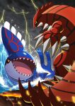  black_cloud claws clouds cloudy_sky commentary_request creature enishi_(menkura-rin10) eye_contact gen_3_pokemon groudon highres kyogre legendary_pokemon looking_at_another no_humans open_mouth pokemon pokemon_(creature) rock sharp_teeth signature sky teeth thunder water waves yellow_eyes 