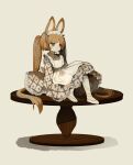  1girl absurdres animal_ears apron brown_hair dress frilled_dress frilled_hairband frills grey_eyes hairband hand_on_table highres long_hair long_sleeves on_table original patterned_clothing rabbit_ears rabbit_girl rabbit_tail ribbon sakutake_(ue3sayu) sitting solo table tail twintails white_footwear 