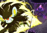  :3 battle clenched_teeth commentary_request creature electricity emphasis_lines enishi_(menkura-rin10) floating full_body gen_4_pokemon ghost highres looking_at_another luxray mismagius no_humans pokemon pokemon_(creature) running signature teeth 