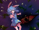  1girl :3 animal_ears bangs bloomers blue_dress blue_hair breasts bunny_tail closed_mouth commentary_request dark_background dress ear_ornament eyebrows_visible_through_hair feet_out_of_frame foreshortening gradient gradient_background hair_over_shoulder highres hitstts index_finger_raised long_hair low_twintails outstretched_arms puffy_short_sleeves puffy_sleeves rabbit_ears rabbit_girl red_eyes seiran_(touhou) short_sleeves small_breasts solo standing tail touhou twintails underwear v-shaped_eyebrows 