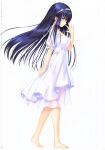  1girl absurdres barefoot blue_hair closed_mouth copyright_name dress floating_hair from_side full_body hairband highres kushima_kamome long_hair looking_at_viewer na-ga official_art profile shiny shiny_hair short_sleeves simple_background smile solo standing summer_pockets sundress very_long_hair white_background white_dress white_hairband yellow_eyes 