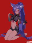  1girl animal_ears artist_name barefoot black_gloves dark_skin gloves highres long_hair looking_at_viewer midriff navel necktie open_mouth original orihira pink_eyes ponytail purple_hair red_background seiza shadow simple_background sitting smile solo very_long_hair 