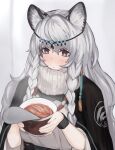  1girl animal_ear_fluff animal_ears arknights bead_necklace beads black_eyes blush braid breasts circlet commentary drooling earrings food hair_between_eyes holding holding_food infection_monitor_(arknights) jewelry kizimakizima kjerag_logo leopard_ears long_hair medium_breasts necklace pramanix_(arknights) ramen ribbed_sweater saliva side_braids silver_hair single_earring solo steam sweater symbol_commentary tassel tassel_earrings twin_braids upper_body white_sweater 
