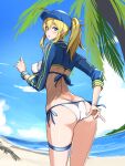  1girl absurdres adjusting_clothes adjusting_swimsuit ahoge artoria_pendragon_(all) ass beach bikini blonde_hair blue_eyes blue_jacket blue_sky blush breasts clouds covered_nipples eyebrows_visible_through_hair fate/grand_order fate_(series) feet_out_of_frame from_behind highres isao jacket looking_at_viewer medium_breasts mountainous_horizon mysterious_heroine_xx_(foreigner) palm_tree ponytail side-tie_bikini sidelocks sky solo swimsuit thigh_strap tied_hair tree water wristband 