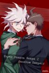  2boys ahoge bangs black_jacket brown_hair coat commentary_request copyright_name dangan_ronpa_(series) dangan_ronpa_2:_goodbye_despair from_behind green_coat grey_eyes grey_hair grin hand_on_another&#039;s_chin hand_up highres hinata_hajime hood hood_down jacket komaeda_nagito looking_at_another male_focus mechanical_arm medium_hair multiple_boys red_background red_eyes shaguo short_hair signature smile upper_body 