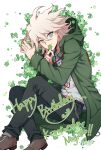  1boy bangs black_footwear black_pants character_name clover coat commentary_request dangan_ronpa_(series) dangan_ronpa_2:_goodbye_despair dated four-leaf_clover from_above green_coat grey_eyes grey_hair grey_shirt hair_between_eyes happy_birthday highres holding hood hood_down hooded_coat komaeda_nagito long_sleeves looking_at_viewer lying male_focus medium_hair on_side open_clothes open_coat pants print_shirt shaguo shirt simple_background smile solo symbol_commentary white_background white_hair 
