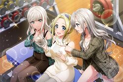  3girls blonde_hair blue_eyes d4dj dress long_hair matsuyama_dalia niijima_ibuki sasago_jennifer_yuka smile 