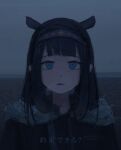  1girl absurdres bangs black_hair blunt_bangs english_commentary eyebrows_behind_hair fur_trim grey_eyes hairband highres hololive hololive_english limited_palette looking_at_viewer ninomae_ina&#039;nis open_mouth pointy_ears purple_hairband short_bangs solo upper_body vincent_wu virtual_youtuber 