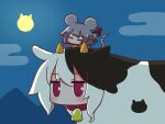  2girls animal_ears animalization bell bell_collar blue_shirt blue_sky blush closed_eyes collar cow egasumi full_moon grey_hair hair_bun hair_ornament highres jingle_bell kemomimi-chan_(naga_u) long_sleeves looking_at_viewer minigirl moon mountain mouse_ears mouse_girl mouse_tail multiple_girls naga_u nezumimi-chan_(naga_u) night night_sky original outdoors purple_collar red_eyes shirt sky sleeves_past_fingers sleeves_past_wrists tail 