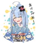  2021 absurdres ahoge alternate_hairstyle amatsuka_uto angel_wings blue_eyes blue_hair blue_kimono closed_eyes fikri28syahal hair_ornament hairclip happy_new_year highres indie_virtual_youtuber japanese_clothes kimono looking_at_viewer new_year open_mouth ponytail ribbon simple_background smile translation_request upper_body wings 