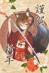  1girl absurdres ahoge animal_ears arm_up bangs blush brown-framed_eyewear brown_hair closed_mouth commentary_request coreytaiyo eyebrows_visible_through_hair floral_print flower fox_ears fox_girl fox_tail glasses green_eyes hair_flower hair_ornament highres holding holding_sword holding_weapon japanese_clothes katana kimono long_hair long_sleeves obi open_clothes original pink_flower print_kimono red_kimono sash semi-rimless_eyewear smile solo sword tail translation_request under-rim_eyewear weapon white_flower 