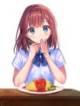  1girl blue_bow blue_eyes blue_neckwear bow eating eyebrows_visible_through_hair hanekoto holding holding_spoon medium_hair original plate redhead shirt short_sleeves simple_background solo spoon white_background white_shirt 