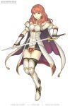  1girl breasts cape celica_(fire_emblem) fire_emblem fire_emblem_echoes:_shadows_of_valentia fire_emblem_heroes gofelem headband holding holding_sword holding_weapon looking_at_viewer red_eyes redhead skindentation small_breasts solo sword thigh-highs weapon white_background 