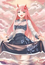  1girl :d bangs blush breasts brown_hair clouds cloudy_sky commentary darling_in_the_franxx fangs floral_print green_eyes hair_ornament hairband hanbok highres horns junkt729 korean_clothes long_hair long_sleeves looking_at_viewer oni_horns open_mouth pink_hair sky smile solo wading zero_two_(darling_in_the_franxx) 