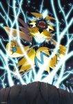  black_background blue_eyes claws cliff commentary_request creature electricity enishi_(menkura-rin10) full_body gen_7_pokemon glowing highres looking_at_viewer mythical_pokemon no_humans open_mouth pokemon pokemon_(creature) serious simple_background solo standing zeraora 