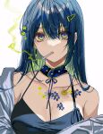  bangs blue_eyes blue_hair blue_tank_top breasts choker cigarette earrings eyebrows_visible_through_hair flower fuuna_(conclusion) green_hair hair_between_eyes hair_flower hair_ornament hairclip highres jacket jewelry long_hair medium_breasts mouth_hold multicolored_hair off_shoulder open_clothes open_jacket original simple_background smoke smoking solo tank_top two-tone_hair upper_body white_background white_jacket 
