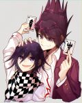  2boys :d argyle argyle_background arm_up bangs black_hair card checkered checkered_background checkered_scarf collarbone commentary_request cropped_torso dangan_ronpa_(series) dangan_ronpa_v3:_killing_harmony facial_hair goatee grey_background grin hair_between_eyes hand_on_another&#039;s_head hands_up highres holding holding_card jacket kitsunebi_v3kokonn long_sleeves male_focus momota_kaito multiple_boys open_clothes open_mouth open_shirt ouma_kokichi pink_jacket playing_card print_shirt purple_hair scarf shirt simple_background smile spiky_hair straitjacket upper_body violet_eyes white_shirt 