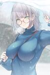  1girl between_breasts blue_sweater blush breasts brown-framed_eyewear closed_mouth commentary_request eyebrows_visible_through_hair glasses green_eyes highres holding holding_umbrella hololive large_breasts looking_at_viewer ribbed_sweater semi-rimless_eyewear shirogane_noel short_hair smile snow solo sweater terebi_(shimizu1996) turtleneck turtleneck_sweater umbrella under-rim_eyewear virtual_youtuber white_hair 