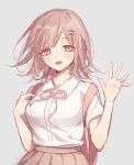  1girl :d backpack bag bangs blush breasts brown_hair brown_skirt collared_shirt commentary_request dangan_ronpa_(series) dangan_ronpa_2:_goodbye_despair flipped_hair grey_background hair_ornament hairclip hands_up highres holding_strap io_(sinking=carousel) light_brown_hair looking_at_viewer medium_hair nanami_chiaki neck_ribbon open_mouth pink_eyes pink_ribbon pleated_skirt ribbon shirt shirt_tucked_in short_sleeves simple_background skirt smile solo upper_body white_shirt 