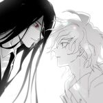  2boys black_hair closed_mouth collared_shirt commentary_request dangan_ronpa_(series) dangan_ronpa_3_(anime) earrings expressionless eye_contact face from_side jewelry kamukura_izuru komaeda_nagito long_hair looking_at_another male_focus medium_hair messy_hair monochrome multiple_boys necktie parted_lips ppap_(11zhakdpek19) profile red_eyes shirt simple_background spot_color upper_body white_background 