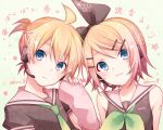  1boy 1girl ahoge alternate_costume bass_clef blonde_hair blue_eyes blush bow brother_and_sister cherry_blossom_print detached_sleeves floral_print hair_bow hair_ornament hairclip hand_up head_to_head headset kagamine_len kagamine_rin kuroi_(liar-player) necktie sailor_collar short_hair siblings tattoo translated treble_clef twins twitter_username upper_body vocaloid 