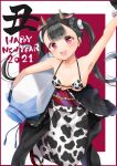  1girl 2021 :d absurdres animal_ears animal_print arm_up armpits bangs bikini bikini_top black_hair blunt_bangs bottle breasts collarbone cow_ears cow_horns cow_print extra_ears eyebrows_visible_through_hair happy_new_year highres holding holding_bottle horns long_hair looking_at_viewer milk_bottle new_year obi open_mouth original pink_eyes sash small_breasts smile solo swimsuit teeth thick_eyebrows twintails upper_teeth yoshida_iyo 