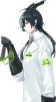  1boy bangs black_gloves black_hair buttons chorefuji eyelashes gloves green-framed_eyewear green_eyes half-closed_eyes horns labcoat long_hair male_focus malleus_draconia necktie pointy_ears simple_background solo striped striped_neckwear twisted_wonderland white_background 