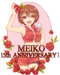  1girl absurdres anniversary arm_up bare_shoulders brown_eyes brown_hair commentary cowboy_shot crop_top cup flower glass harusamesyota highres holding holding_cup holding_flower jacket looking_at_viewer meiko midriff miniskirt nail_polish navel open_mouth red_flower red_jacket red_nails red_rose red_skirt rose skirt sleeveless sleeveless_jacket smile solo vocaloid 
