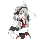  blush chiem_(vtuber) collarbone eyebrows_visible_through_hair eyelashes grey_hair hand_on_hip headband indie_virtual_youtuber long_sleeves looking_at_viewer necktie open_mouth ribbon sumairuzu teeth twintails v white_background wings 