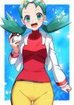  1girl :d absurdres aqua_eyes aqua_hair blush breasts commentary_request highres holding holding_poke_ball kris_(pokemon) long_hair long_sleeves medium_breasts open_mouth poke_ball poke_ball_(basic) pokemon pokemon_(game) pokemon_gsc red_sweater short_hair shorts smile solo sweater twintails yellow_shorts yuihico 