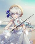  1girl ahoge animal_print bangs bare_shoulders bear_print blue_eyes blue_ribbon blurry blurry_background bon_(bony_53) breasts commentary_request copyright_request depth_of_field dress grey_hair hat holding holding_instrument instrument large_breasts long_hair looking_at_viewer music playing_instrument ribbon short_hair silver_hair sleeveless sleeveless_dress smile solo violin white_dress white_ribbon 