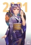  1girl 2021 absurdres acrylicstroke artist_name double_bun dress earrings flower genshin_impact hair_bun hair_flower hair_ornament highres japanese_clothes jewelry keqing_(genshin_impact) kimono long_sleeves looking_at_viewer new_year purple_dress purple_hair signature solo violet_eyes wide_sleeves 