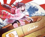  1girl 6maker absurdres bike_shorts boat bow brown_hair commentary_request driving fine_art_parody hair_bow happy_new_year highres japanese_clothes kanagawa_okinami_ura kimono long_hair new_year obi original parody rising_sun sash solo steering_wheel sunburst thighs watercraft waves wide_sleeves 